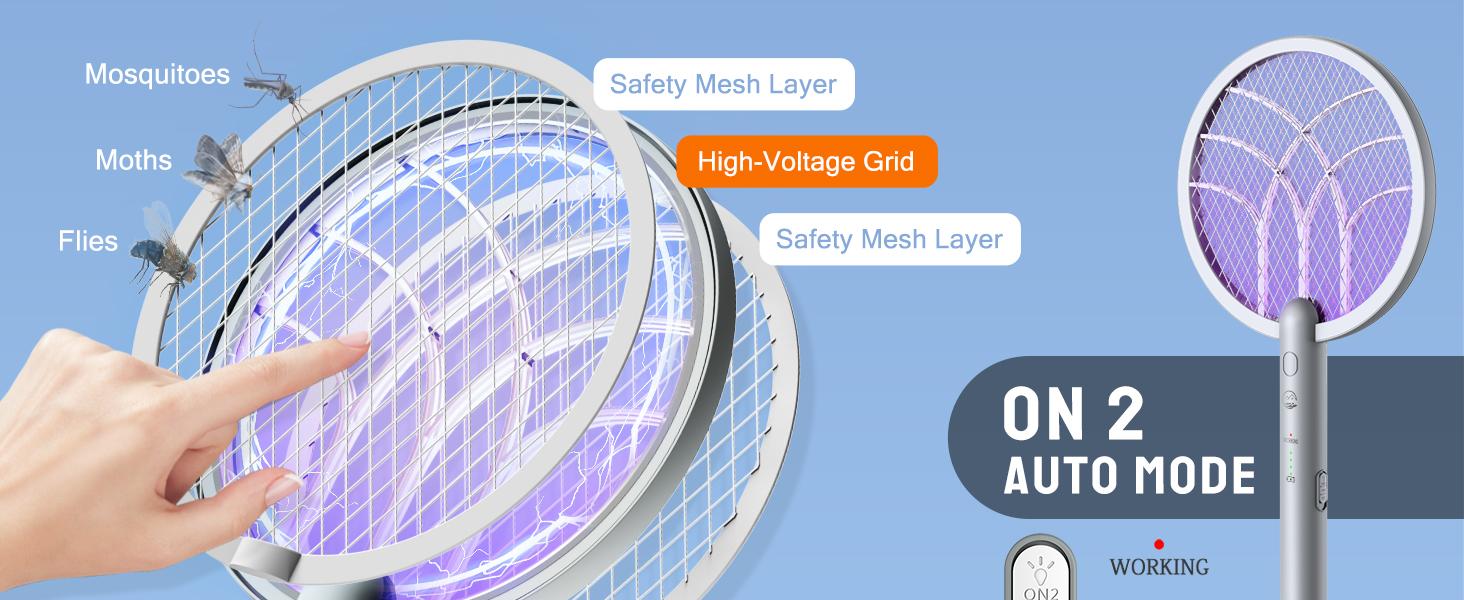 4000V Electric Fly Swatter Racket, 1800mAh Smart Bug Zapper with USB Rechargeable Base, Powerful Mosquitoes Trap Lamp & Fly Killer with 3-Layer Safety Mesh for Home, Bedroom, Kitchen, Patio