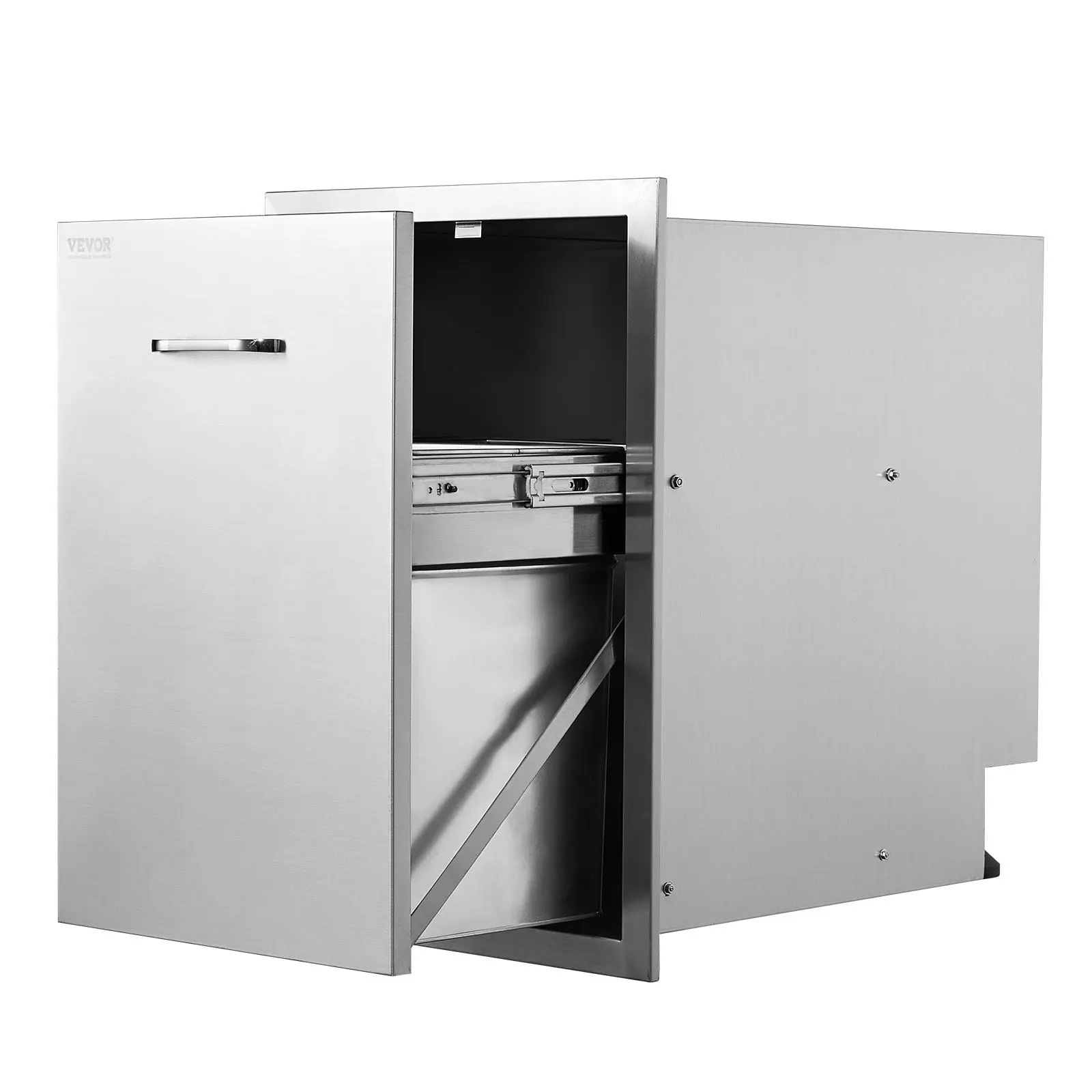 【FathersDayGift】VEVOR Pull Out Trash Drawer 17.7x22.8 Inch Raised Style Trash Bin with Pull-Out Tray Stainless Steel Trash Drawer with Handle for Outdoor Kitchen BBQ Island Round Smooth