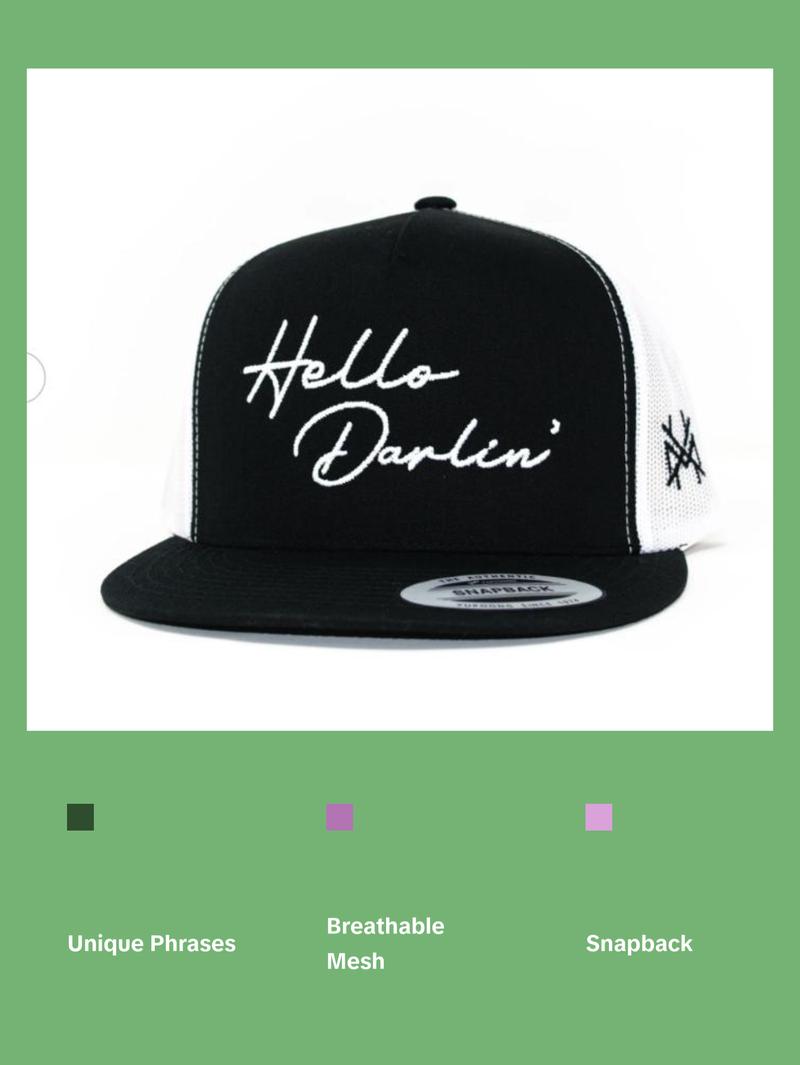 Hello Darlin' MadHatter's Embroidered Snapback Adjustable (Fits Up To A Size 8 Head) Premium Trucker Hat