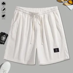 Men's corduroy shorts, solid color, casual shorts, side pockets, drawstring elastic belt, suitable for daily wear and outdoor sports, travel and vacation, beige, men's shorts