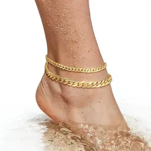 Waterproof Gold Ankle Bracelets for Women, Dainty Trendy Layered Set - 14K Gold Plated Stackable Cuban Link Chain Anklet, Non-Tarnish Jewelry Gift