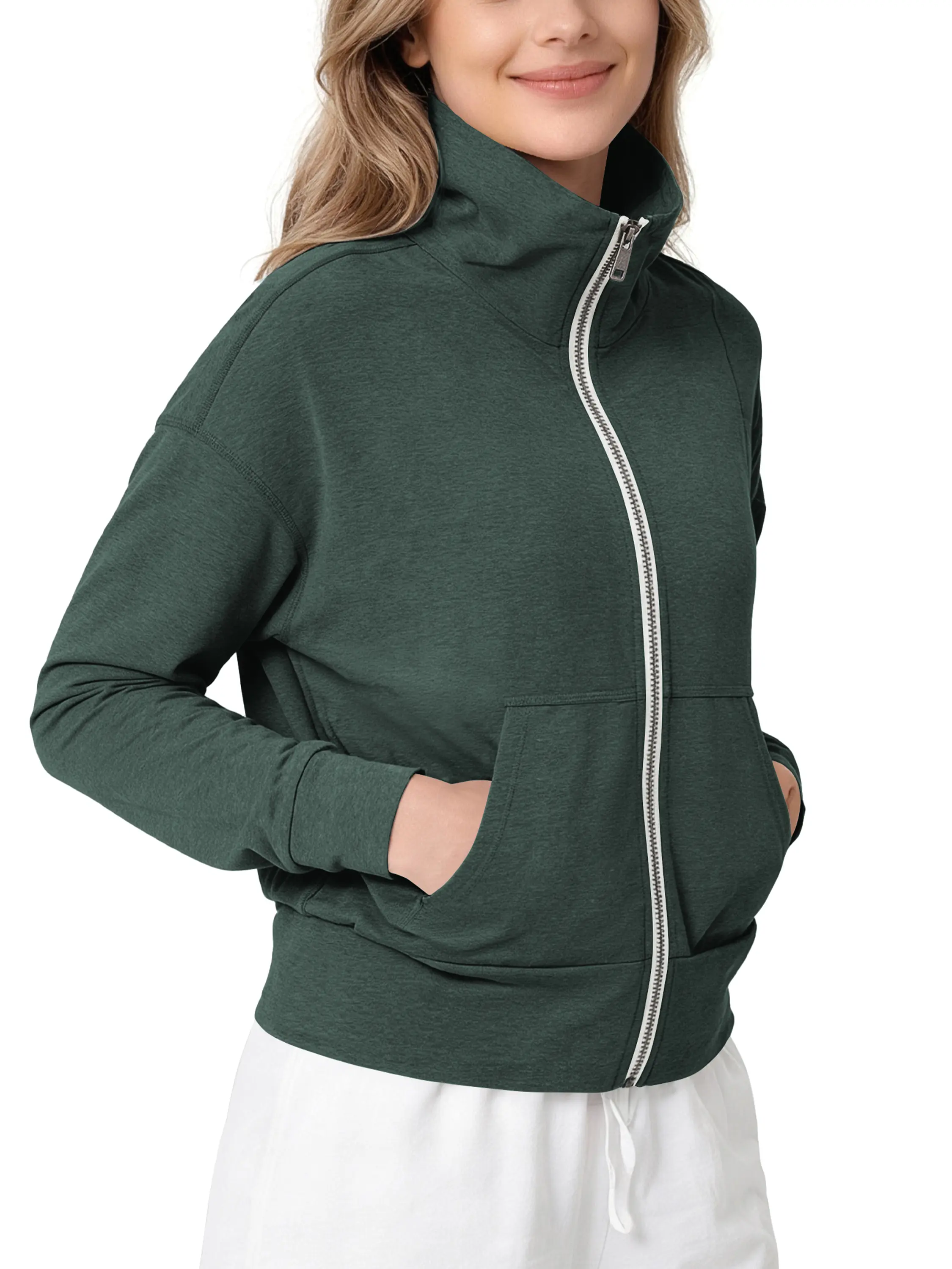ODODOS Women's Stand Collar Full Zip Jacket - Ultra Soft odSTRATUM Tech Everyday Performance Outerwear with Pockets, UPF 50+