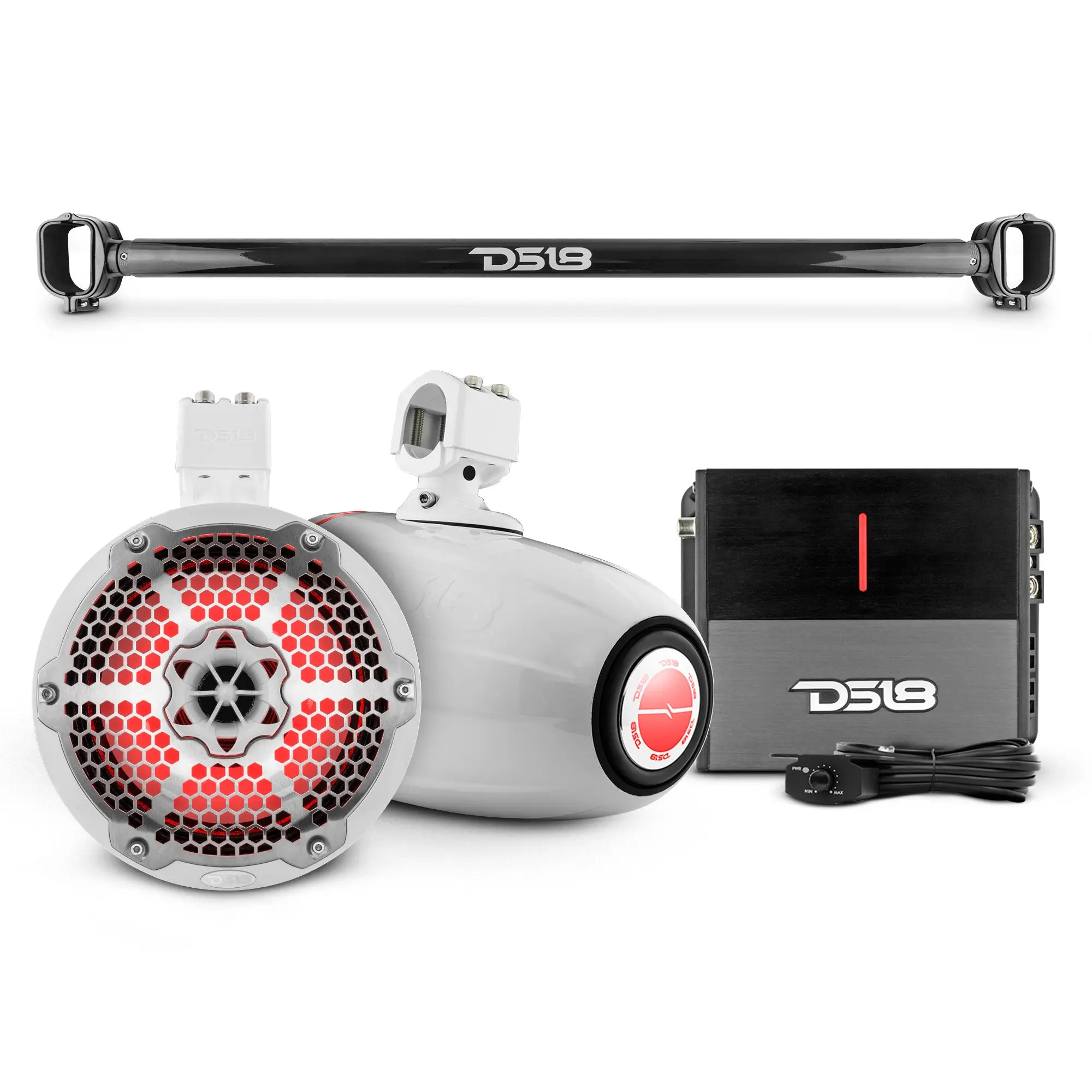 DS18 6th Gen Bronco Mounting Tube Mount Kit Bundle with 8" Marine Tower Speakers, RGB LEDs, Amplifier for Amplified Sound