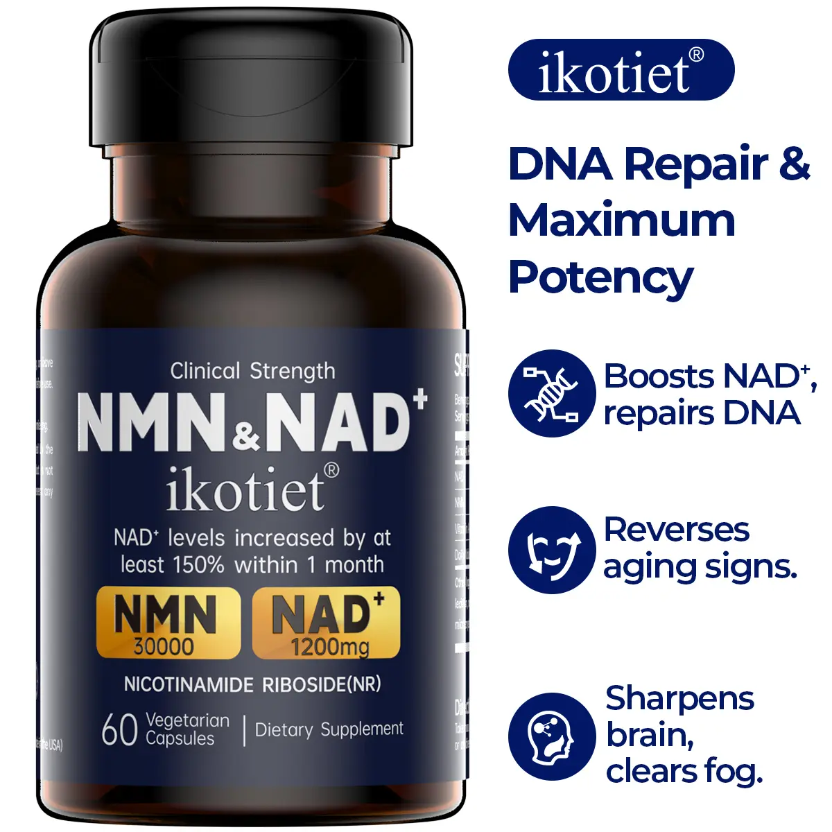 IKOTIET NAD+ NMN All-in-1 Dietary Supplement with Magnesium Complex, 50 Patents Backed, 400+ Research Refs, Fitness Support, Cellular Energy Aid, Metabolism Support, Collagen Boost, 30-Day Supply + Bonus Pack, Brain Health Supplement, Sugar Free, Adults