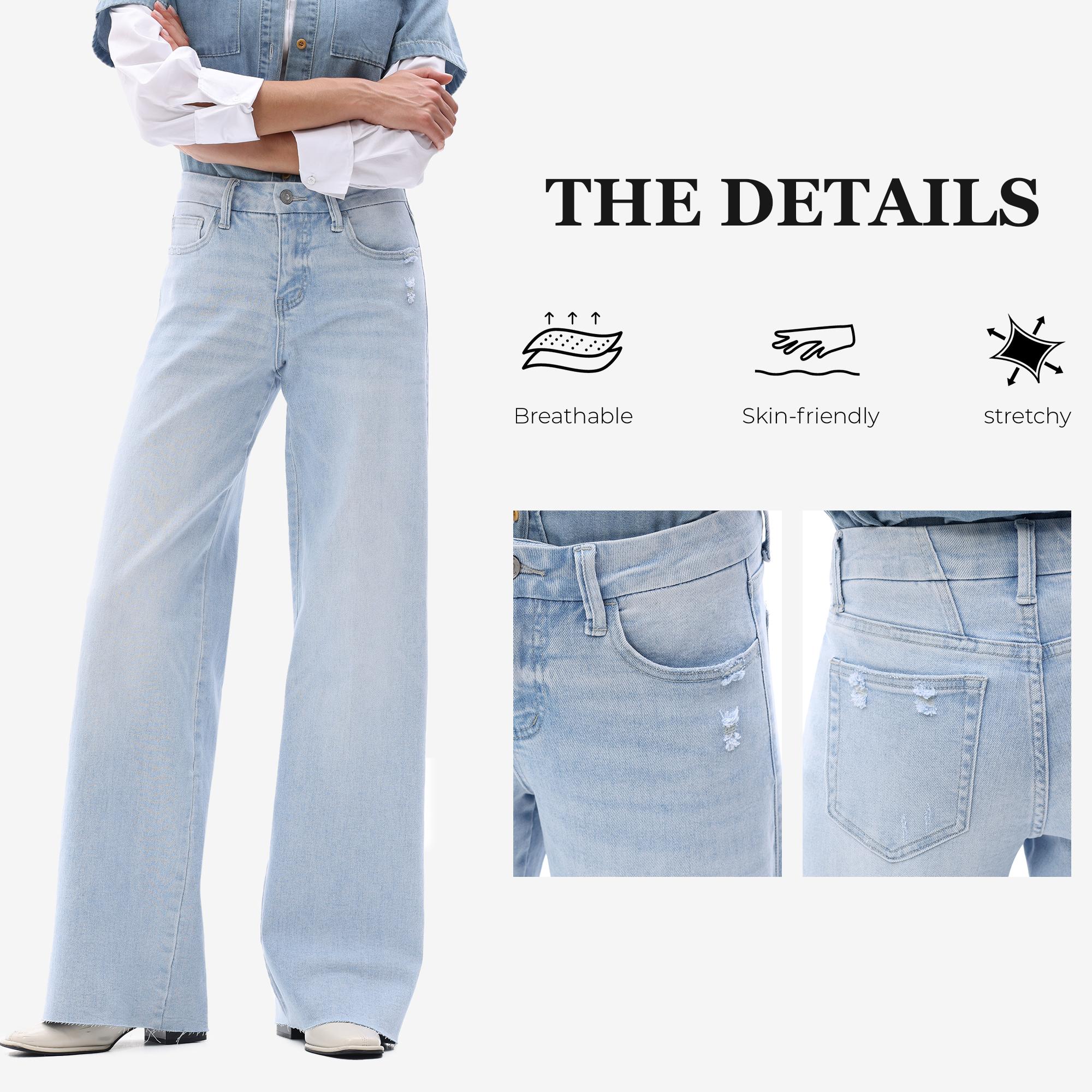 ONESO Mid-high Rise Baggy Jeans High Stretchy BBL Wide Leg All Season Jeans Tummy Control Holiday Party Distressed Denim Pants Woman Bottom Comfortable Denim Jeans OSW8019 Plus Size Regular Size #LoveYourself