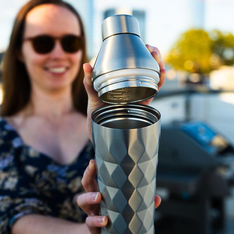 FANCY MAN Insulated Cocktail Shaker - Stainless Steel Double-Wall Vacuum Insulated Cocktail Shaker with Built-in Measuring Lid & Strainer, Premium Giftable Packaging, Innovative Geometric Grip Design from Wild Man Drinking Company