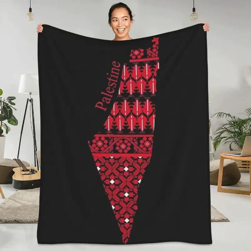 Palestine Map Bold Tatreez Art Polyester Flannel Weave Blanket - Cold Blanket, Wrinkle Resistant, Anti-Pill Smooth, 50x60 in, Gentle on Skin, Soft Throw for Cozy Cuddles, Home & Travel Bedding/Sofa Cover, Holiday Gift for Family