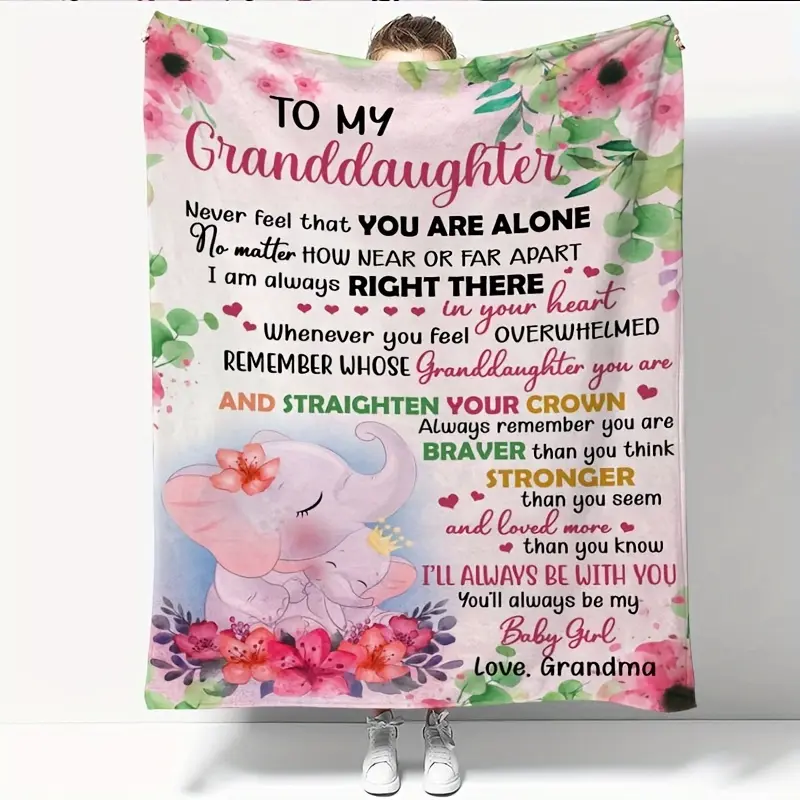 To My Granddaughter Lightweight Cozy Flannel Blanket - Ultra-Soft, Wrinkle-Resistant, Machine-Washable, PVC-Enhanced Trim, "Straighten Your Crown" Slogan Print Blanket, Floral Elephant Plush, Grandma's Holiday Gift for Couch, Bed, Lightweight Cozy Blanket
