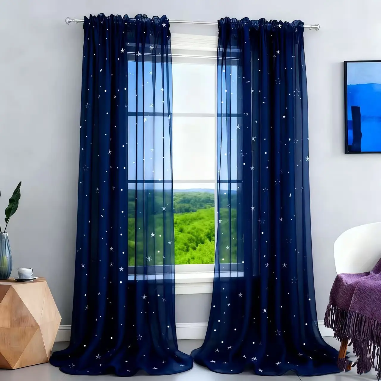 2pcs Silvery Star Pattern Sheer Curtains for New Year, Christmas, Living Room, and Bedroom Decor, Party Decorations, Decorative Window Panels, Elegant Drapes, Machine Washable, Lightweight Material, Sheer Drapes, Ready Made Curtains, Home Textile