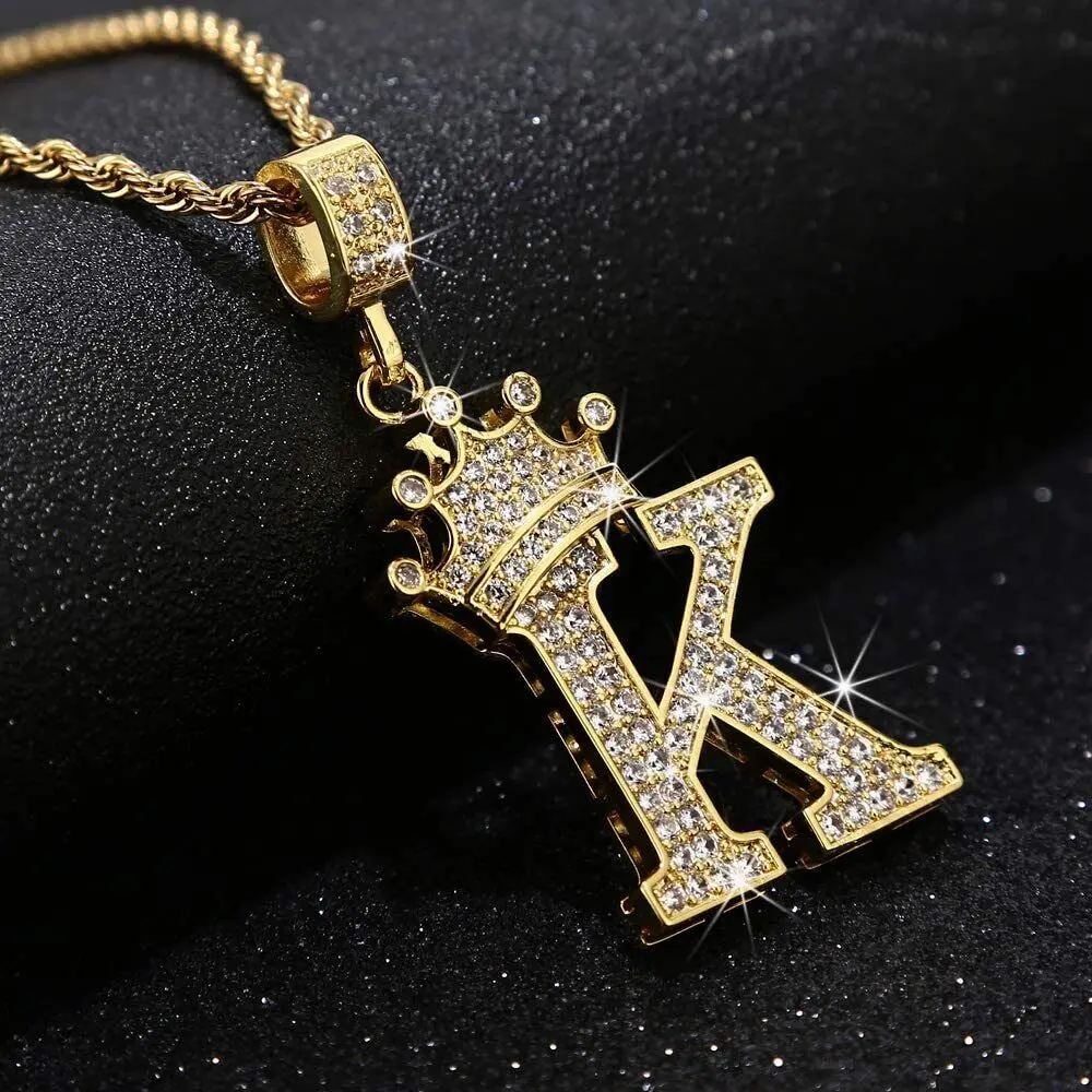 MaxBling81 Initial Alphabet K Iced Gold-Silver Plated Pendant Necklace with 4mm 18"-20"-24" Rope Chain, Letter Necklace, Daily Unisex Jewelry, Fashion Gift for Men and Women