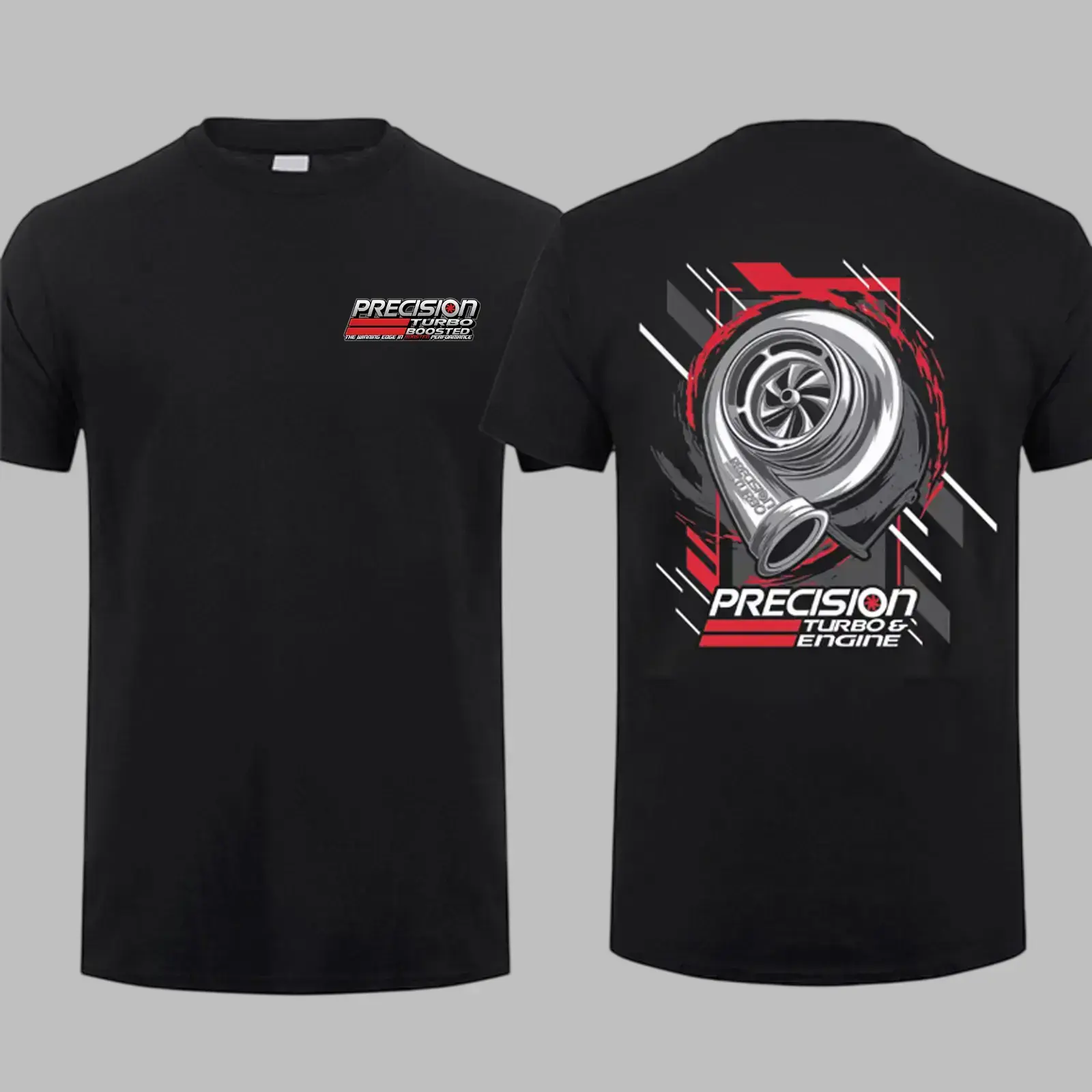 Unisex Round Neck Shortsleeve Cotton Top - Menswear Casual Tee with Precision Turbo Engine Turbocharger Prints on Front Chest & Back (Sports & Outdoor Clothing), Tops
