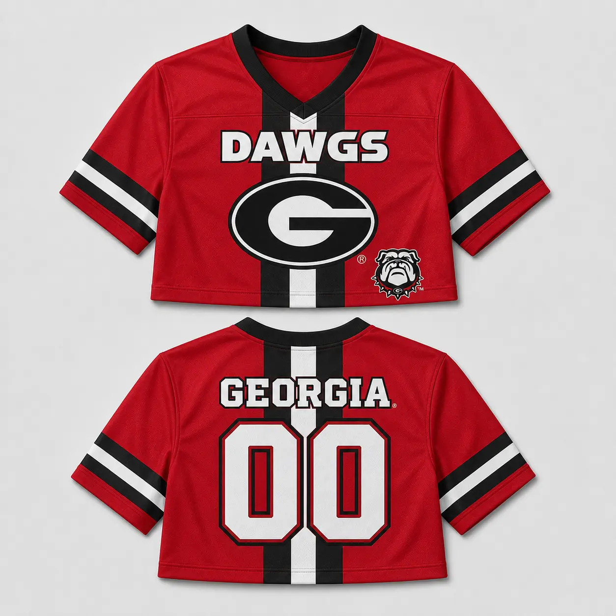 Personalized Georgia Bulldogs Inspired Cropped Football Jersey, Custom Red Black College Style Game Day Top