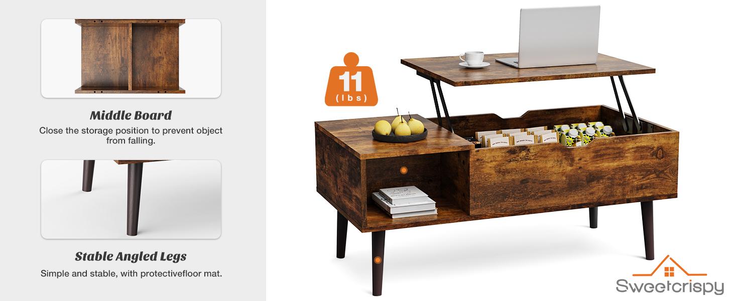 Sweet Furniture Fully Assembled Wooden Center Table, Fluted Lift Top Coffee Table with Hidden Compartment, Modern Lift Tabletop for Home Living Room Office