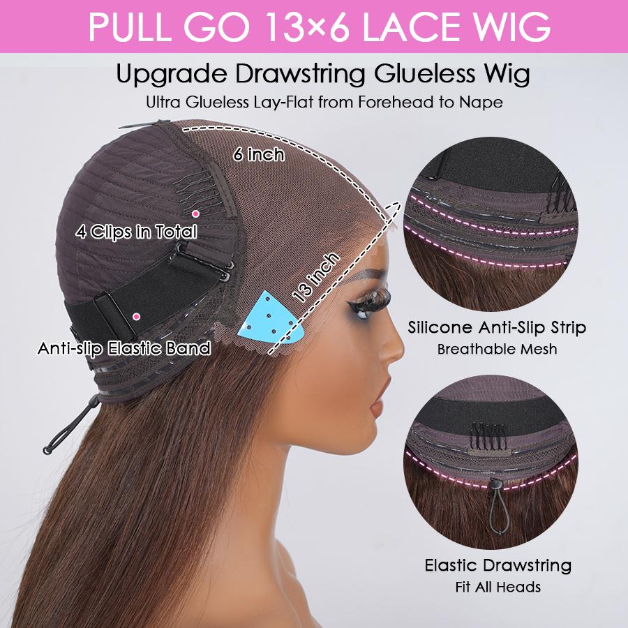 [Glueless Drawstring Wig] Pizazz Hair #4 Chocolate Brown Body Wave Lace Frontal Wigs 13x6 HD Transparent Ear to Ear Pre Cut Lace Skin Melted with Pre Plucked Natural Hair Line