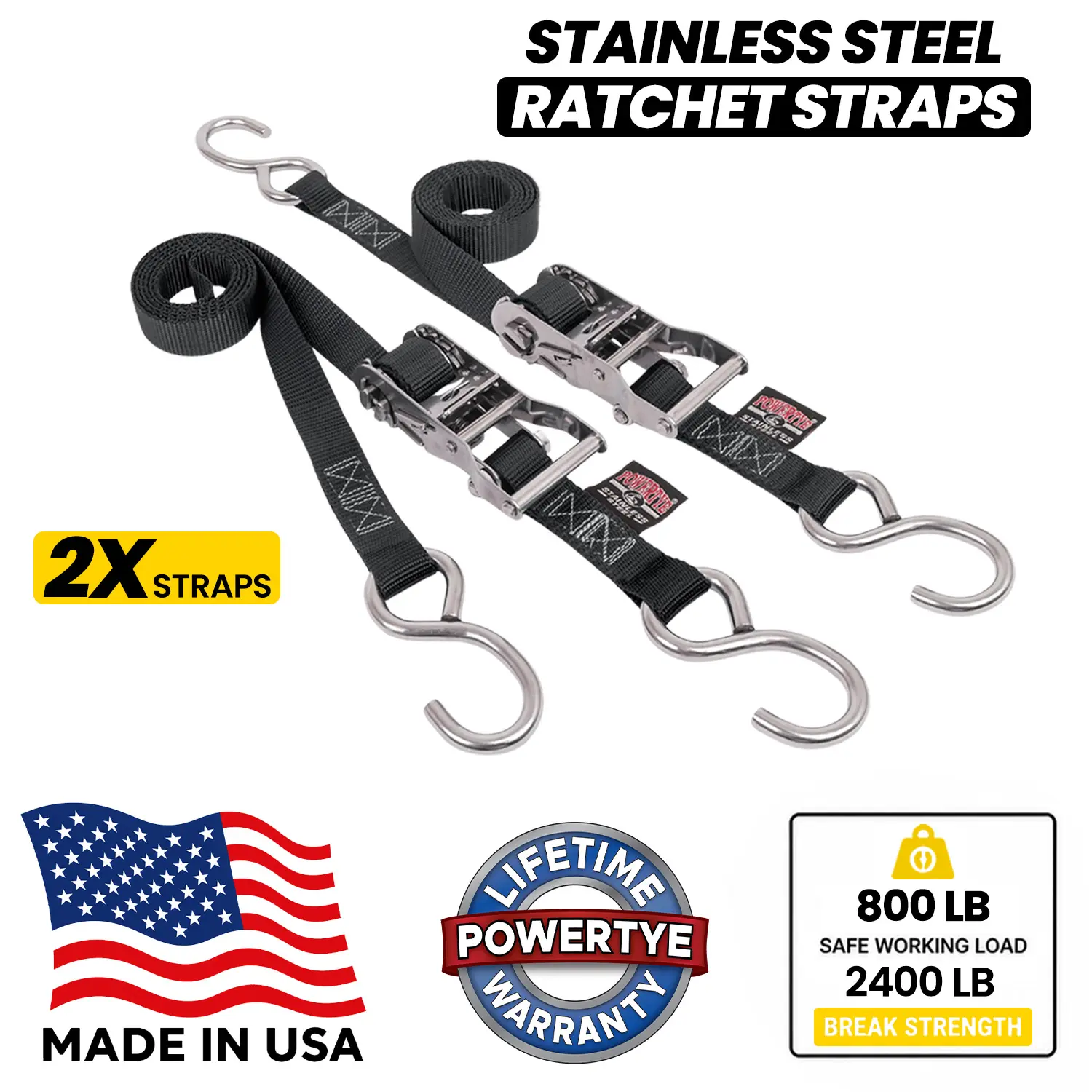 PowerTye 1 inch x 5ft Stainless Steel Ratchet Straps with Stainless Steel S-Hooks, 800lb Working Load / 2400lb Break Strength, for Boats, Cargo & Marine Use, Made in USA (2-Pack) - See Available Color options!