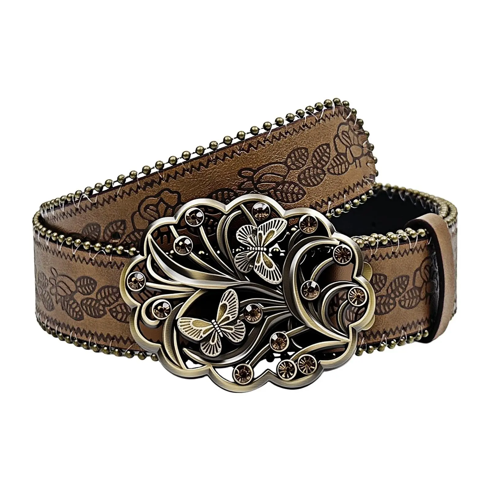 OIDEA Western Belt for Women, Vintage Embossed Floral PU Leather Belt with Hollow Butterfly Rhinestone Buckle, Boho Waist Belt