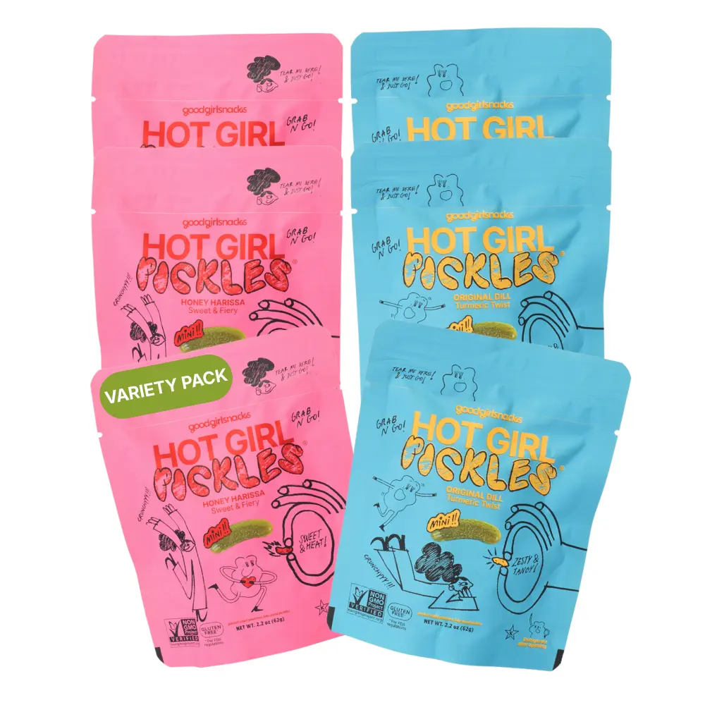 Hot Girl Pickles Grab & Go 6-Pack, Mini Cornichon Pickle Pouches, Mess-Free Low-Brine Snack, No Fork Needed, Portable Pickle Snack for Work, Travel & Post-Workout Cravings, 2.2 oz Pouches