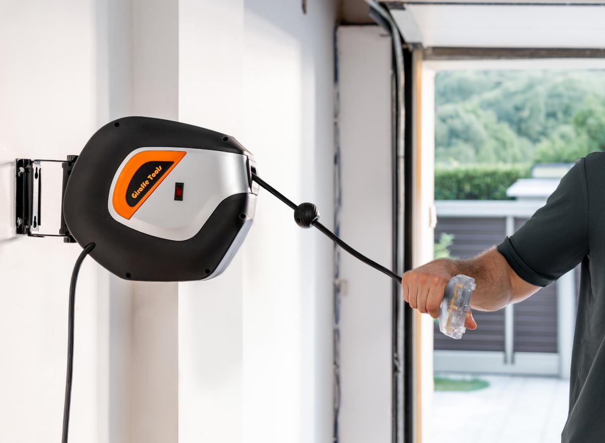 Giraffe Tools Retractable Extension Cord Reel 12/14/16 AWG with 3 Outlets LED Lights Auto-Retract Feature for Outdoor Use Kink-Free Design Safety Circuit Breakers 50 Feet SJT Cable - Garage Giraffe Tools Retractable Extension Cord Reel 12/14/16 AWG with 3 Outlets LED Lights Auto-Retract Feature for Outdoor Use Kink-Free Design Safety Circuit Breakers 50 Feet SJT Cable - Garage