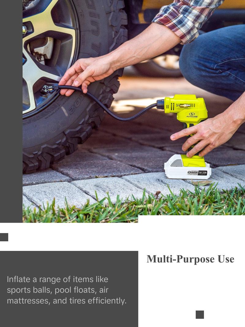 Auto Joe Cordless Portable Air Compressor Kit | W/ 1.3-Ah Battery, Nozzle Accessories, and Storage Bag 24V-AJC-MAX