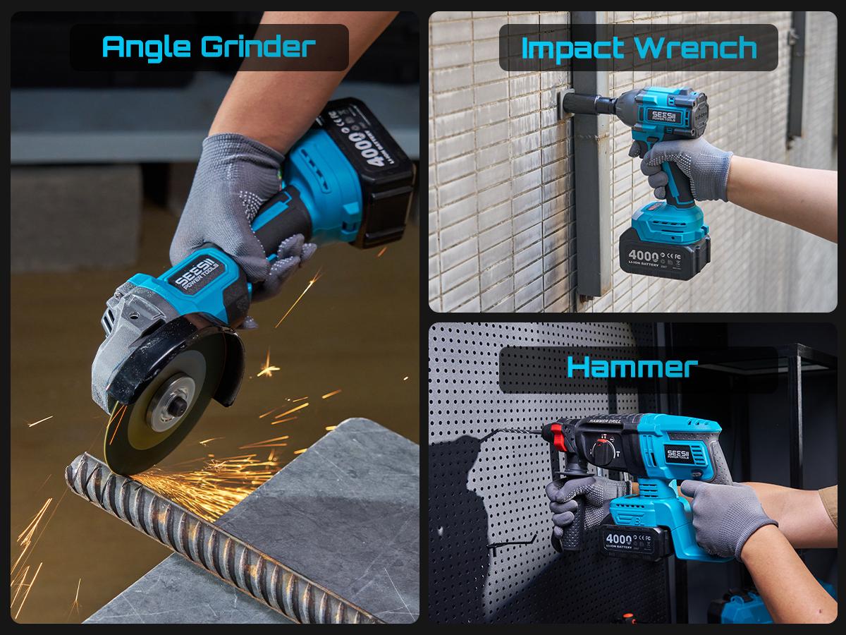 SEESII 3-in-1 Cordless Power Tool Set: Electric Rotary Hammer, Cordless Angle Grinder & Brushless Impact Wrench - Heavy Duty Combo Kit with 2x 4.0Ah Batteries for Construction, Automotive Repair & Metal Fabrication, 3ML
