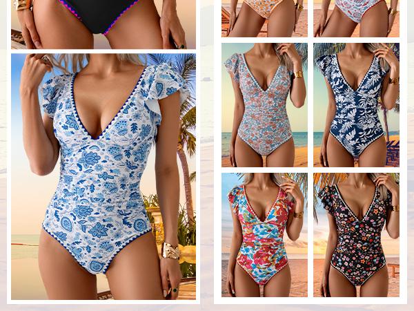 B2LOVER Women's One Piece Ruffle Swimsuit Tummy Control Bathing Suit V Neck Shell Stitched Swim Suit Slimming Swimwear