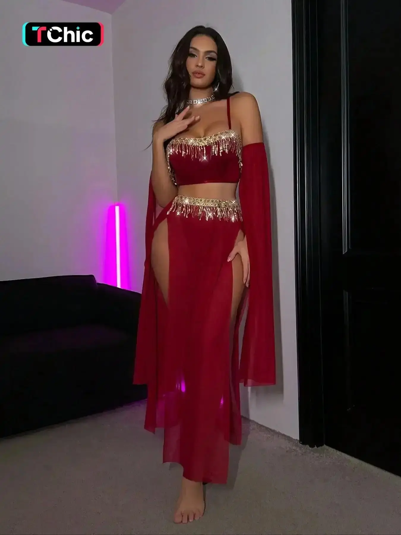 Women's Ultimate Belly Dance Three-Piece Set, Costumes, Outfit, Deep Wine Satin Fitted Crop Top with Fringe, Transparent Long Skirt, Mesh Sleeves, Perfect for Performance, Womenswear, Wardrobe Staple, Easy Styling, Soft Material