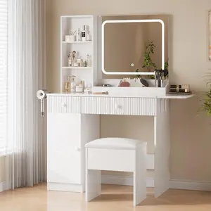 White Vanity Desk with Mirror and Lights, Pink Makeup Vanity with Charging Station, Dressing Table Set with Storage Chair, Drawer Shelves, and Foldable Panel for Compact Space Bedroom,