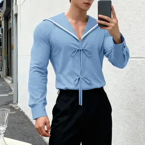 INCERUN Men's Summer Coquette Shirt Sailor Collar Blouse Bow Tie V-Neck Long Sleeve Top Preppy Style JK Uniform