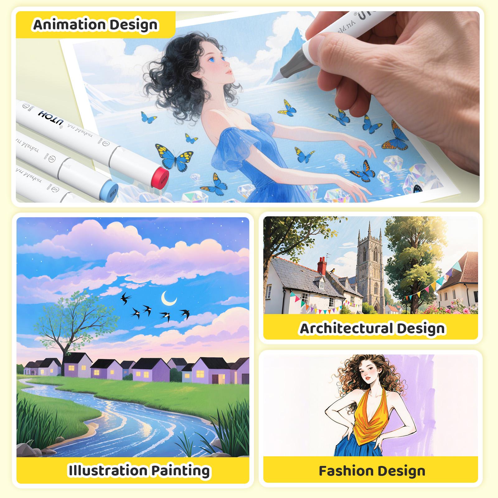 HOTU Dual Tip Alcohol Markers Set – 60/100/120Colors, Fine/Brush & Chisel Tips, Easy Blending, Safe Materials, Colorless Blender, Perfect for Kids & Artists, Sketching, Adult Coloring, Great Gift Idea