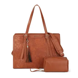 Laptop Tote Bag for Women,16.3 Inch Vintage Work Bag with Clutch,Large Leather Laptop Purse with Cup Holder for Teacher,Office