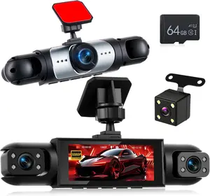 360 Degree View 4 Channel Dash Cam for Cars,Dash Cam Car Camera Front and Rear Inside Left Right,3.16” Dashcams with Night Vision,Loop Recording,24H Parking Mode Monitor,Reverse View+64G Memory Card