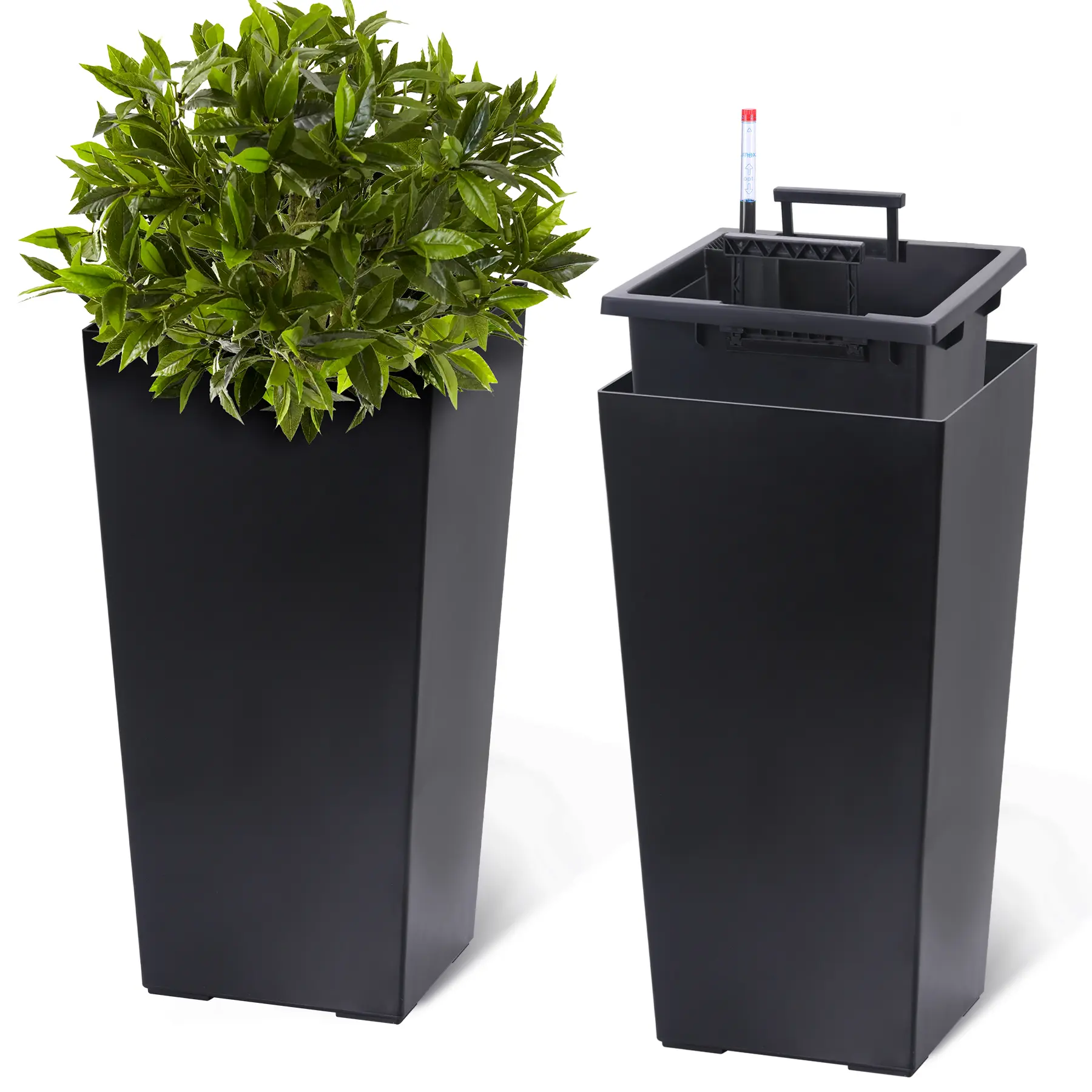 2-Pack Tall Modern Self-Watering Planter Pots with Drainage Holes, Water Level Monitor, Inner Bucket for Indoor & Outdoor Use - Large Garden Flower Planters, Above-Ground Flower Pots