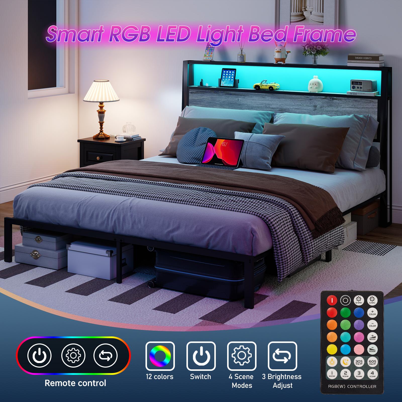 Queen Size Bed Frame with RGB LED Headboard, USB/Type-C Charging Station & Storage Shelves, Rustic Grey Metal Platform Bed, Noise-Free Easy Assembly, No Box Spring Needed (Mattress not included）