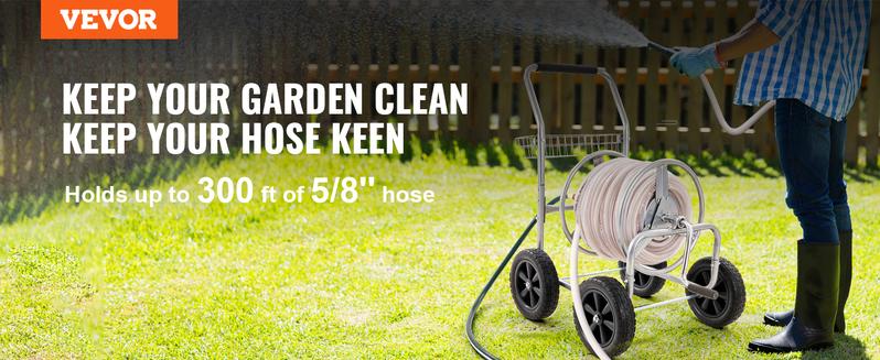 VEVOR Hose Reel Cart for Garden Watering with Storage Basket, TikTokShopBlackFriday, Mobile Tools and 4 Wheels, Heavy Duty Powder-coated Steel, 300 ft Capacity