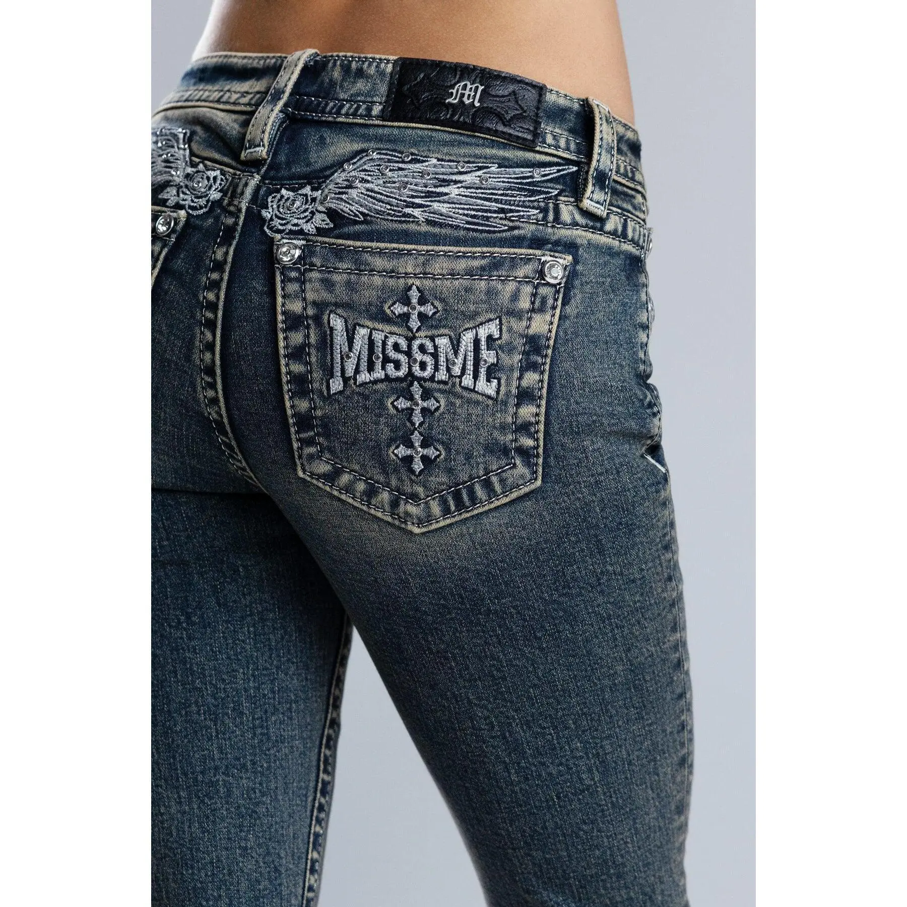 MissMe Calianna Bootcut Jeans - Y2K BBL Mid Rise Bootcut with Vintage Wash Denim, Gothic Edge & 2000s Alt Baddie Style