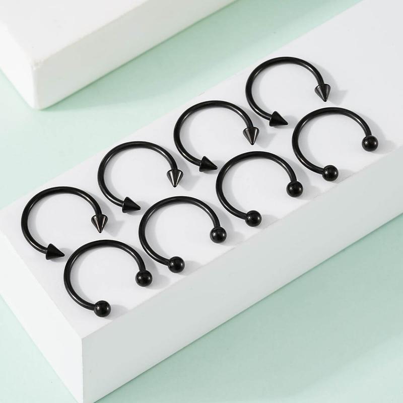 Oufer 8PCS Horseshoe Septum Nose Piercing Ring 316L Stainless Steel Silver Black Gold 8mm 10mm 12mm Hypoallergenic Classic Ball Closures Bold Spike Designs