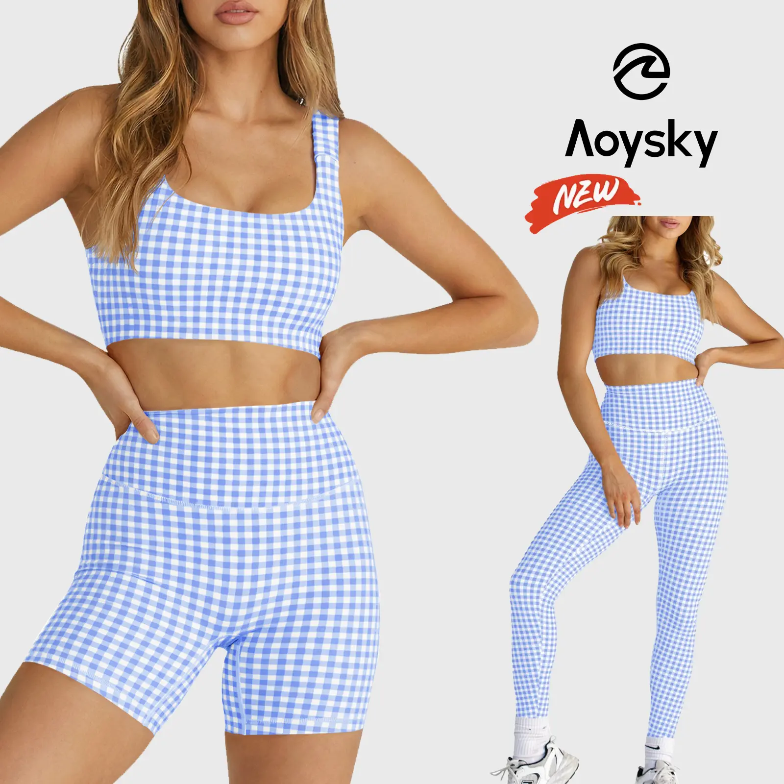 Aoysky Women's Cute 2 Piece Gingham Gym Set, Padded Open Back Crop Tank and High Waisted Seamless Shorts for Yoga & Workout, Athletic Sports Clothing, 2 Piece Sets Women, Women's Clothes