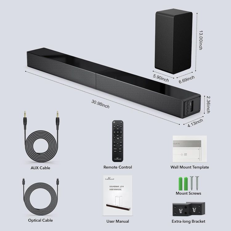 2.1 CH Sound Bar with Subwoofer, 31" Soundbar for Smart TV with HDMI, Optical, AUX, Bluetooth, USB - Surround Sound System