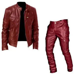 Men's Suit Leather Clothing Leather Pants Two-Piece PU Leather Casual Suit Menswear  Long Sleeve，