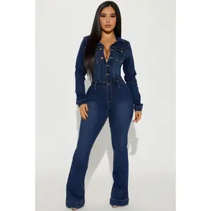 Valentine's Day Day Dreaming Long Sleeve Denim Jumpsuit - Dark Denim C