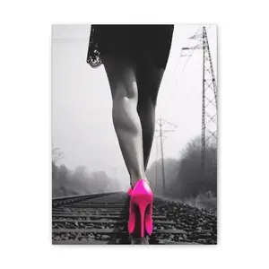 11x14  Canvas Print — Pink Heels on Rails Black & White Fashion Photography