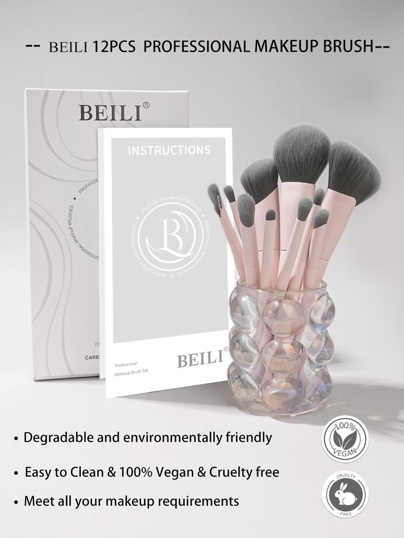 BEILI 12-Piece Ultimate Makeup Brush Set Ultra-Soft Bamboo Charcoal Silk Vegan Bristles Strong Absorption Natural Antibacterial Properties Perfect for Foundation Powder Blush Eyeshadow & More Stylish Pink or White, New Year's Eve Makeup