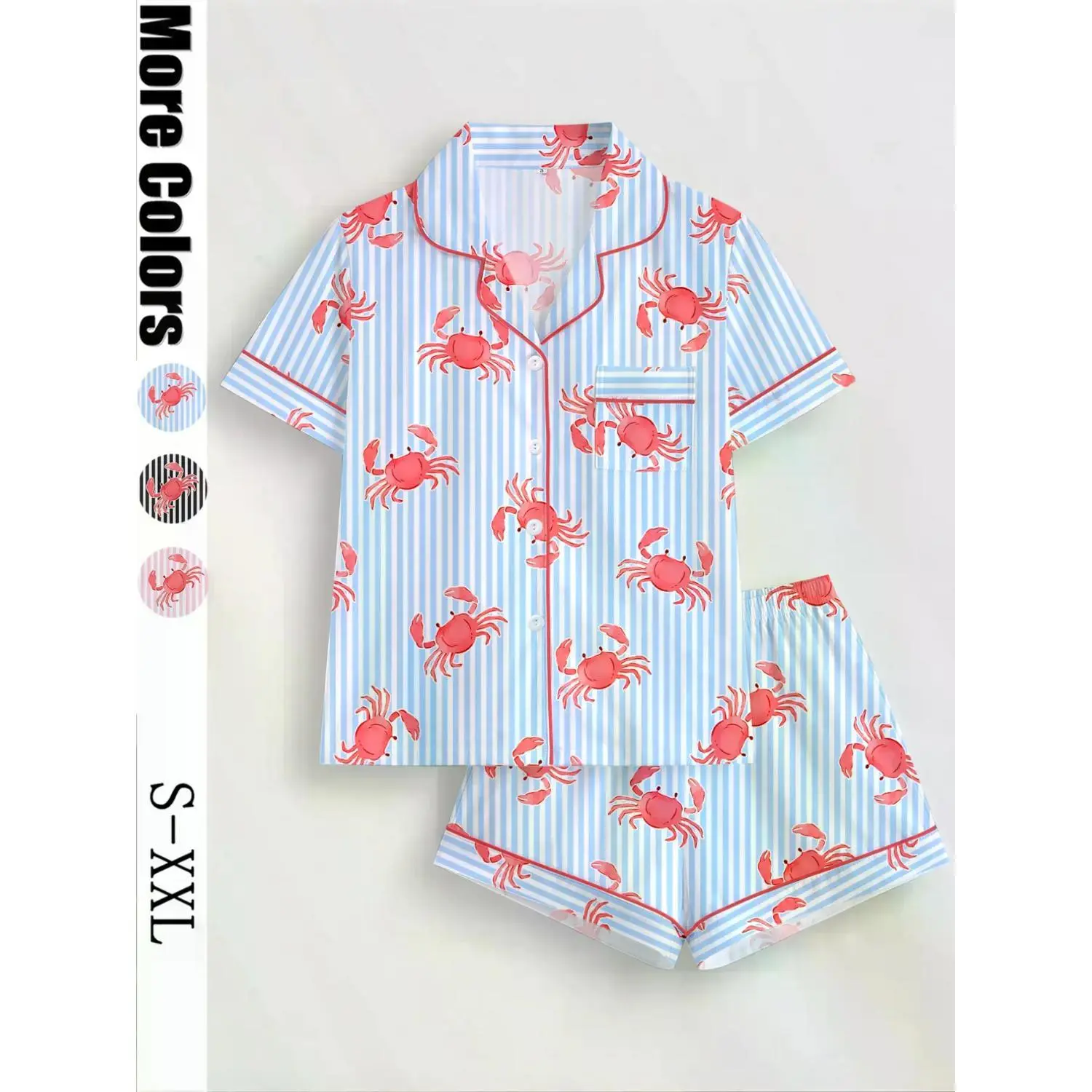 Women's Crab Print 2-Piece Pajama Set: Short-Sleeve Collared Button-Up Top & Elastic Waist Shorts, Casual All-Season Sleepwear & Loungewear for Home and Party
