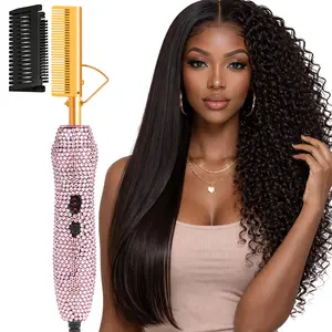 Diamond Electric Hair Straightening and Curling Comb 450°F Heat Pressing Comb Anti-Scald Case for Natural Hair and Wigs Curly Iron Hotcomb