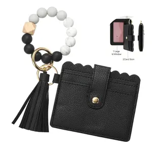 SSYERT PU Keychain Short Wallet,Leather Print Key Chain Student Bus ID Card Bag Boho Beaded Accessory Card Hand Bag Slim RFID Blocking Wristlet Small Credit Card Holder for Birthday Gift,Daily Use