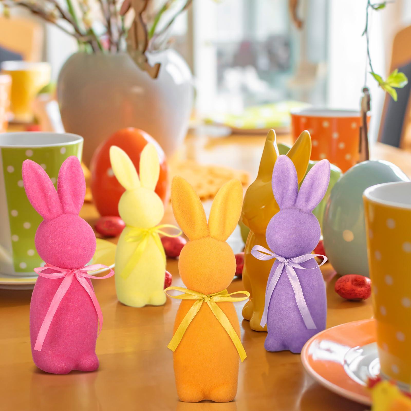 Pastel Flocked Easter Bunny Figurines - 7/6/4 Pcs Cute Velvet Rabbit Statues Set with Bow Ties, Adorable Easter Decor 2026 Bunny in Multiple Sizes & Poses for Tiered Tray Decor Spring Table Centerpiece Shelf Mantel Display Home Party Gifts Basket Stuffers