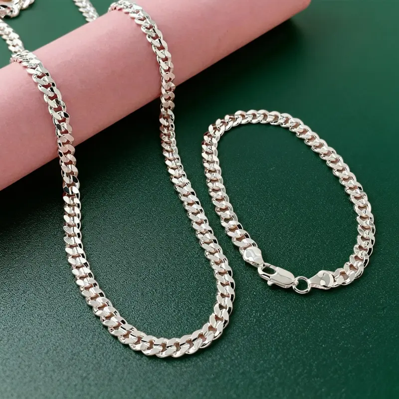 925 Sterling Silver-plated 7mm Sideways Cable Chain Necklace Bracelet Set - Unisex Minimalist Jewelry Gift for Men Women, Valentines Day Birthday Anniversary Gift for Him Her, Tarnish ResistantDurable Layering Jewelry