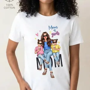 Cotton Short Sleeve T-Shirt Mom of Girls Cartoon Printed T-Shirt, Y2K Style, Short Sleeve, Crew Neck, Polyester, Mother'S Day Gift Lovely festive gift for Mother’s Day