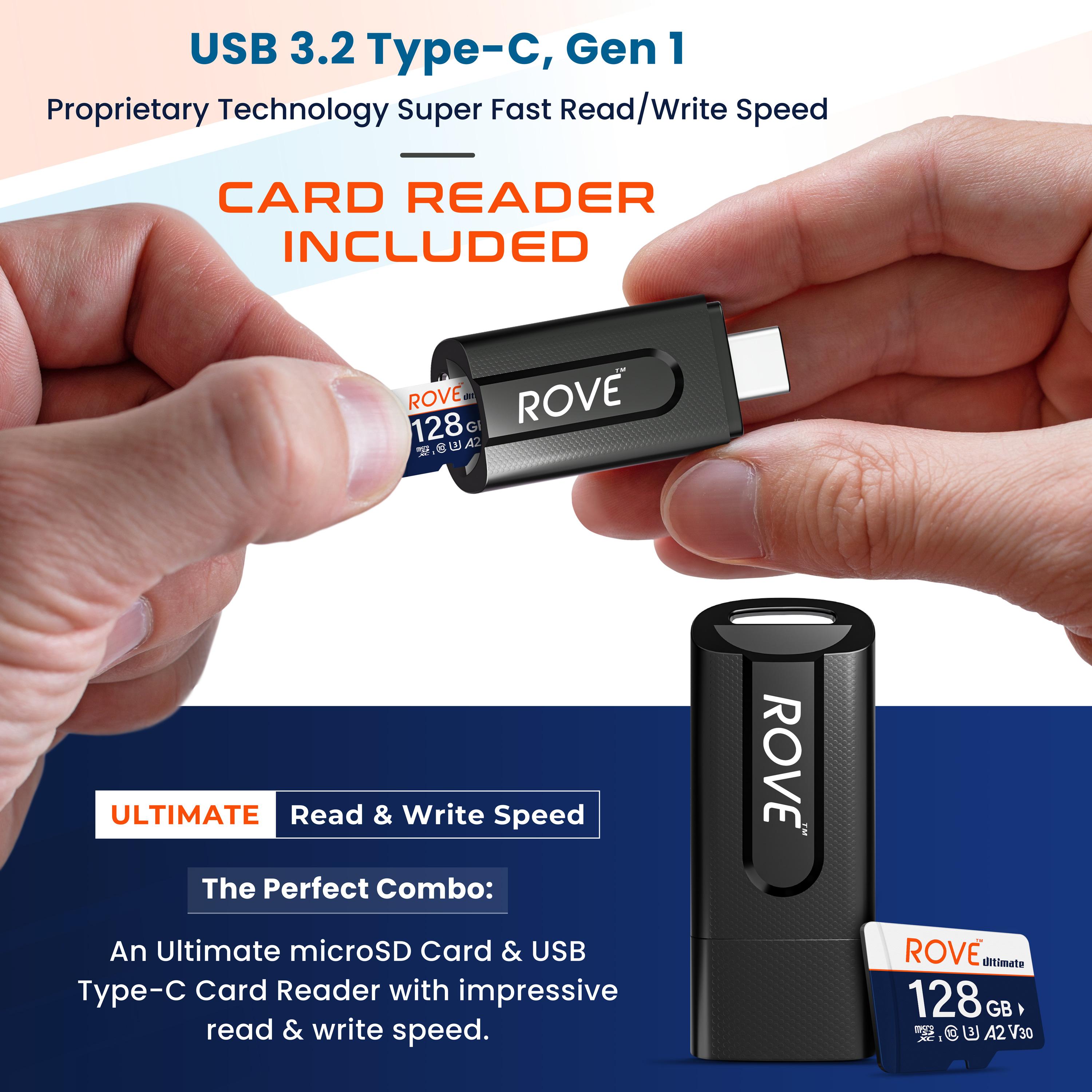 ROVE Ultimate 128GB Micro SDXC Card with USB 3.2 Gen-1 Type-C Card Reader For Dash Cams, DSLR Cameras, Action Cams, Drones, Gaming Consoles, Laptop & Smartphones