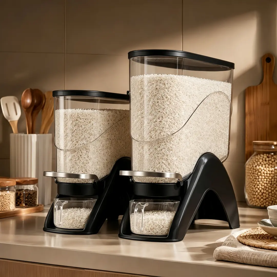 Countertop Rice Dispenser with Detachable Cup - Airtight Transparent Vertical Storage Containers, Slim Space-Saving Kitchen Organizer for Pantry & Counter (Stores Rice, Oats, Beans; Cream/Black/Red)